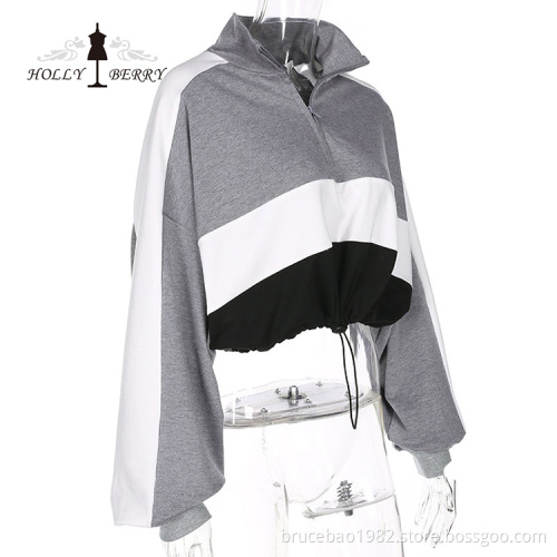 Short Turn-down Collar Cotton Full Midriff-baring Women Hooded Sweatshirt Zipper